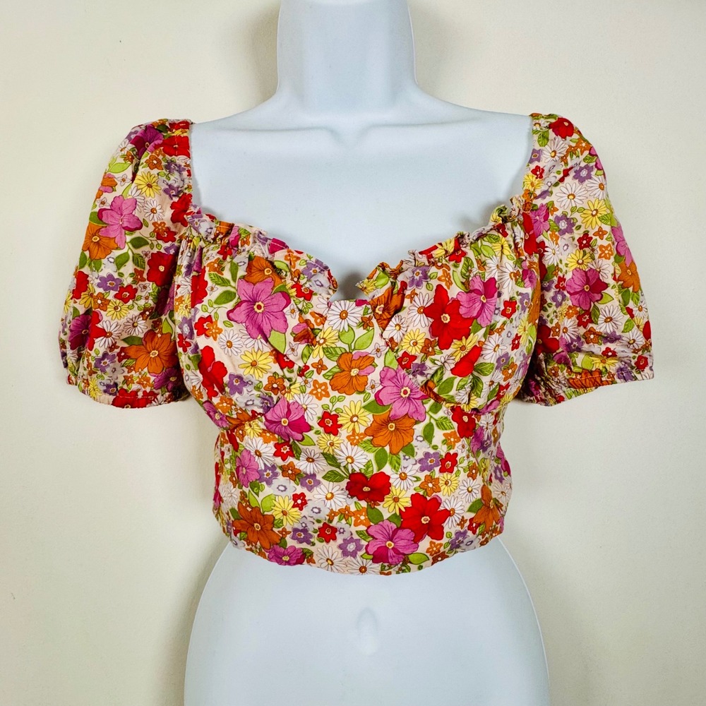 Floral Crop Top Short Puff Sleeve Tie Back Sweetheart Neck Retro 70s Multi SS